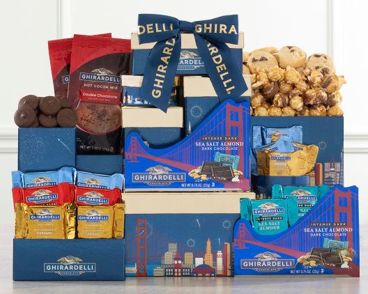 Item 3896 - Ghirardelli Gold and Blue Chocolate Tower FREE SHIPPING 30% Save Original Price is $ 74.95