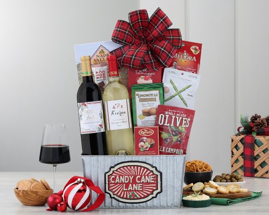 Item 981 - Candy Cane Lane Red and White Wine Basket 40% Save Original Price is $ 125