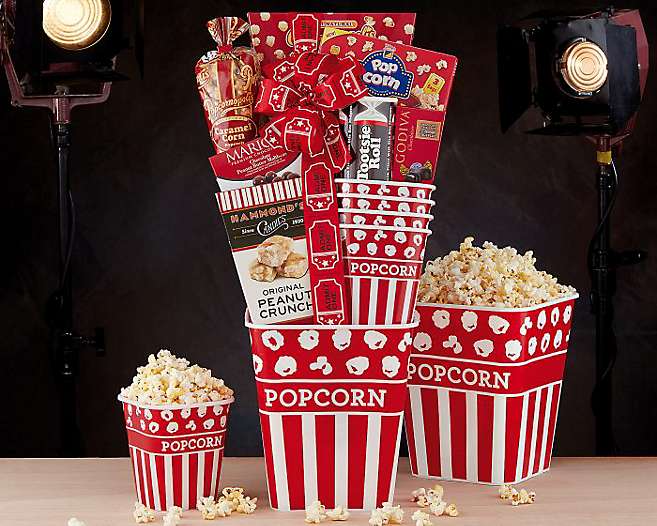 10. Family Movie Night Popcorn and Sweets Gift Basket