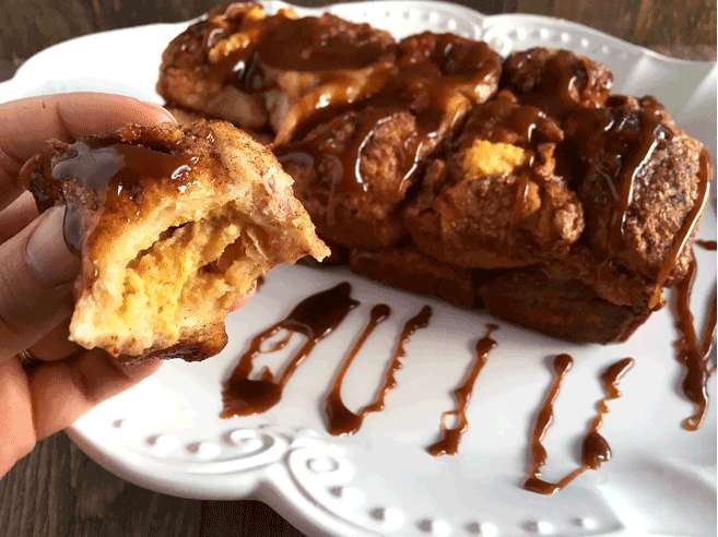 Pull-Apart Pumpkin Cream Cheese Bread with Caramelized Rum Drizzle