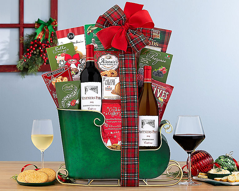 ボーンジャーニーギフトセット Vintners Path Holiday Sleigh Gift Basket at Wine Country Gift Baskets